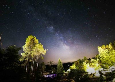 Voie lactée au dessus du village de gîtes de Ravel avec les arbres éclairés