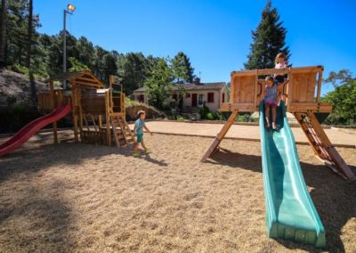 Enfants jouent sur les structures en bois en plein air de l'aire de jeux et utilisent le toboggan pour descendre