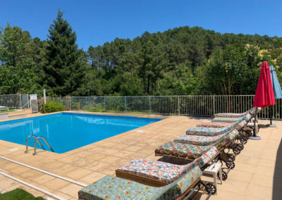 Transats avec des matelas colorés bordent la piscine bleu qui est entouré de végétation