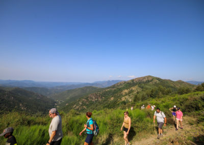 Randonneurs serpentant en crête avec une vue dégagé sur les Cévennes boisées.